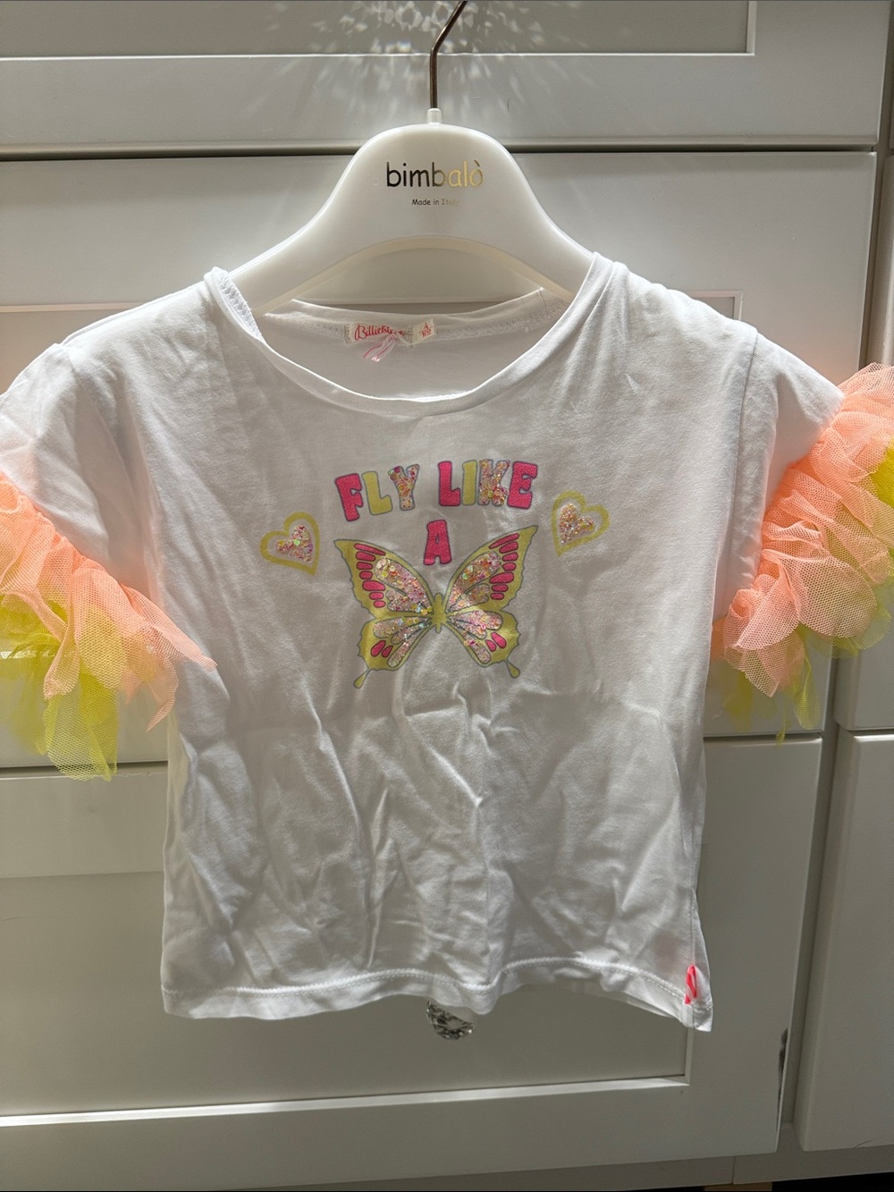 Billieblush White Tee with Neon Pink & Neon Yellow Tulle Sleeves